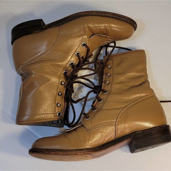 Vintage Justin Western Cowgirl Granny Boots Tan 6B - Picture 1 of 10